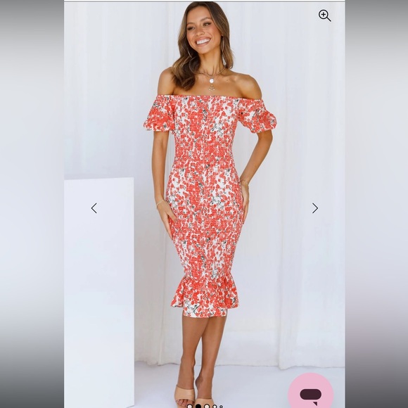 🪸 HELLO MOLLY Haven View Midi Dress Orange. Off the Shoulder. Ruched. MEDIUM - Picture 3 of 9